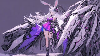 masterpiece, best quality, highly detailed, trending, 1girl, solo_female, busty, purple themed clothing, long hair, simple background, sfw, Rabbit ear, mechanical body, full_body