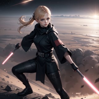 masterpiece, best quality, highly detailed, 8k illustration, {1girl, a jedi knight}, serious, standing in combat pose, wielding 1light_saber, barren land, sky that shows outer space, cinematic, dynamic angle, dynamic pose, (solo female)