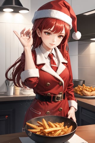 masterpiece, best quality, highly detailed, 8k, 1girl, petite, ginger long hair, glittering hazel eyes, {wearing whte shirt, red tie, red and white sneakers, red trench coat, santa hat}, soft smile, (solo female), in a futuristic looking kitchen, cooking fish and chips, close up, SaltBaeMeme