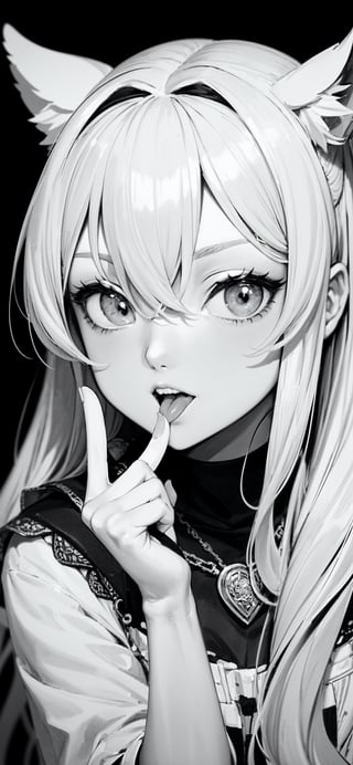 ((line art)), (anime style:1.331), masterpiece, best quality, highly detailed, absurdres, (black background), 1girl, upper body, finger on chin, sticking out tongue, bw, monochrome