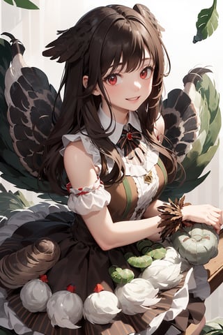 masterpiece, best quality, highly detailed, 1girl, long brown hair, (feathered hair ornament), red eyes, smiling, (brown dress with a touch of white stripes:1.3), (ruffle with feather ornaments:1.3), (feathered skirt:1.3), (dark brown feather wings with a touch of white striping attached to forearm:1.2), (turkey tail:1.8), (facing viewer:1), abstract background