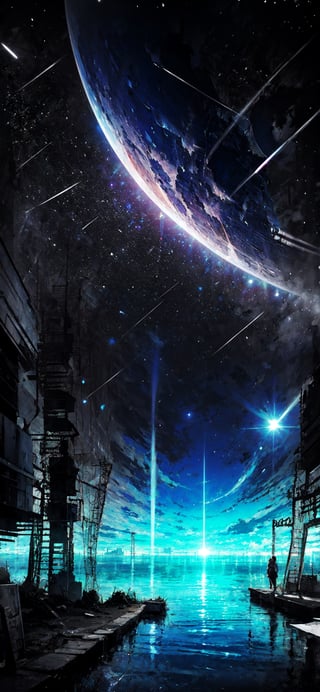 (pixiv), (anime style:1.331), masterpiece, best quality, highly detailed, absurdres, illustration, official art, dark, ruins, space, planets, stars, reflection, split