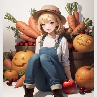 masterpiece, best quality, highly detailed, (abstract illustration:1.3), 1girl, mature female, blonde braided hair, green eyes, {wearing white shirt, blue dungarees, brown hat}, brown boots, smiling, pumpkin, potato, cranberry, apple, carrot