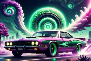 DonMM4hM4g1cXL car, jet engine, antigrav engine, futuristic, tech, awesome luxury design, green alien, pink, sparkling glitter, heck spoiler, geht nicht mehr, cyberpunk city, spectral beings, trees, clouds, thunderstorm