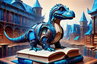 hyper detailed masterpiece,  dynamic, awesome quality, dino, cocktail, blue, vibrant colors, town, city, made of books and pages, leather, duck,happy, serene, ethereal, DonMB00ksXL