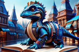 hyper detailed masterpiece,  dynamic, awesome quality, dino, cocktail, blue, vibrant colors, town, city, made of books and pages, leather, duck,happy, serene, ethereal, DonMB00ksXL