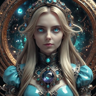 ((best quality)), ((masterpiece)), ((realistic,digital art)), (hyper detailed), Alice made of Space Gleaming Twinkling Alexandrite, Glistering, Ceramic, Tenacity, Bleaching, Hard to Find, Fantasy, Antique, Mystical and Occult,8K, HDR