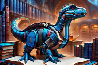 hyper detailed masterpiece,  dynamic, awesome quality, dino, cocktail, blue, vibrant colors, town, city, made of books and pages, leather, duck,happy, serene, ethereal, DonMB00ksXL