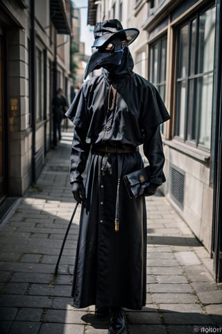 Full body shot, Plague doctor at the time of the Black Death holding a briefcase in a dimly lit alleyway, black gloves, plague doctor costume, (black beaked mask), RAW, (Photorealistic:1.4), masterpiece, best quality, ultra-detailed, highres, 8K raw photo, cinematic lighting, taken with a Sony Alpha 1 with a 50mm F/1.4 lens, rich colors,Plaguecore