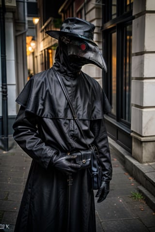 Plague doctor at the time of the Black Death holding a briefcase in a dimly lit alleyway, black gloves, plague doctor costume, (black beaked mask), RAW, (Photorealistic:1.4), masterpiece, best quality, ultra-detailed, highres, 8K raw photo, cinematic lighting, taken with a Sony Alpha 1 with a 50mm F/1.4 lens, rich colors,Plaguecore