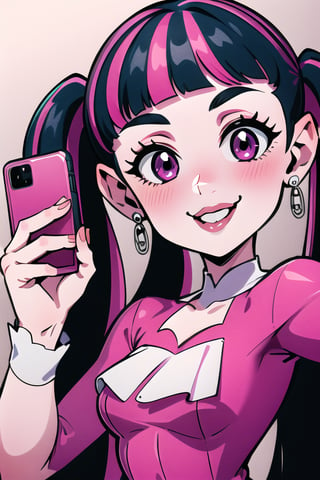 ((masterpiece,best quality)), absurdres, , draculaura_mh, pink top, upper body, extremely detailed face, smile, blushing, selfie, holding phone, 