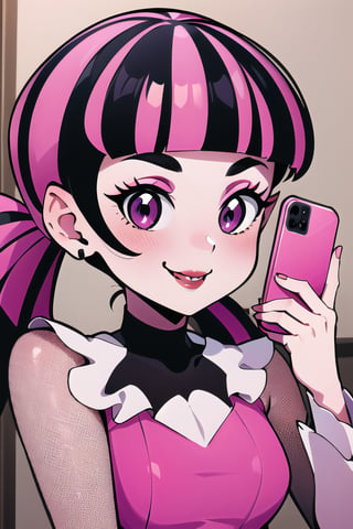 ((masterpiece,best quality)), absurdres, , draculaura_mh, pink top, upper body, extremely detailed face, smile, blushing, selfie, holding phone, 