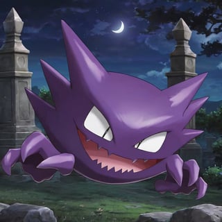 ((masterpiece,best quality)), , Haunter_Pokemon, floating, no humans, pokemon \(creature\),solo, smiling, looking at viewer,graveyard, crescent moon,cinematic composition,