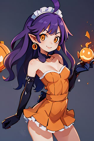 ((masterpiece,best quality)), absurdres,, Stardust_Pumpkins_Citron_OC, 1girl, solo, long purple hair,  orange eyes, ahoge, pointy ears, orange dress, elbow gloves, bare shoulders, maid headdress, jewelry, earrings, solo, smiling, looking at viewer, cowboy shot, cinematic composition,  , contrapposto, 