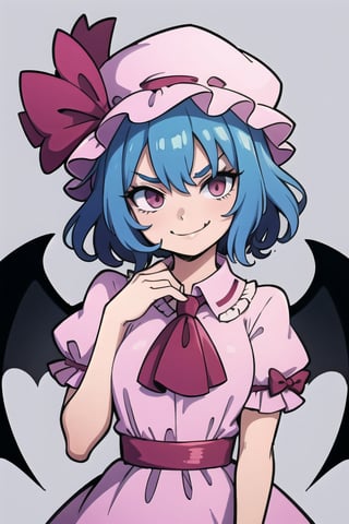 masterpiece, best quality,  ,1girl,pink dress,mob cap,ribbon,blue hair,evil smile,bow,ascot,wings,grey background, (kbxll:0.8)