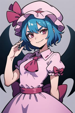 masterpiece, best quality,  ,1girl,pink dress,mob cap,ribbon,blue hair,evil smile,bow,ascot,wings,grey background, (kbxll:0.8)