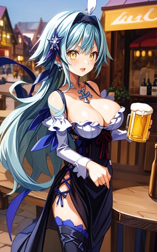 Eula 1girl light_blue_hair hair_ornament yellow_eyes alcohol barmaid beer beer_mug black_dress white_thighhighs sweat blush breasts circle_skirt cleavage collarbone corset cowboy_shot cross cup dirndl dress floating_hair frilled_dress frills german_clothes festive_town hairband holding holding_cup iron_cross jewelry large_breasts short_hair looking_at_viewer mug necklace parted_lips short_dress sidelocks solo standing thighhighs two-tone_dress underbust white_corset white_dress smile open_mouth happy (((outdoors))) sky_blue 