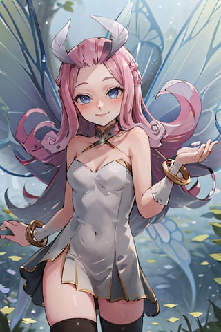 ((masterpiece,best quality)), absurdres,, Tasi_AFK, long pink hair, fairy, fairy wings, dress, thighhighs,   blushing, solo, smiling, looking at viewer, cowboy shot, cinematic composition, dynamic pose, contrapposto, 