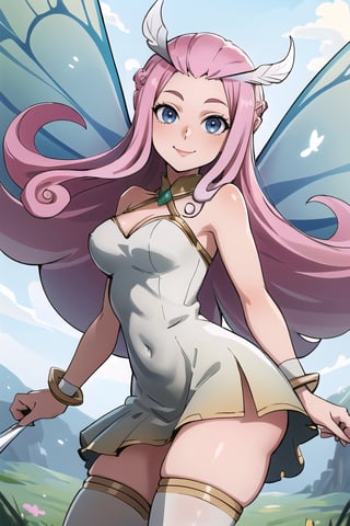 ((masterpiece,best quality)), absurdres,, Tasi_AFK, long pink hair, fairy, fairy wings, dress, thighhighs,   side view, solo, smiling, looking at viewer, cowboy shot, cinematic composition, dynamic pose, contrapposto, 