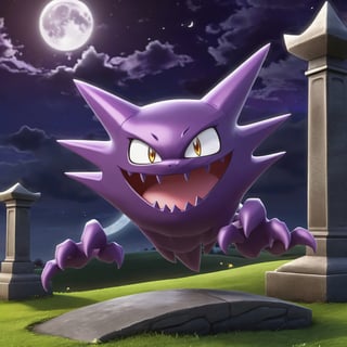 ((masterpiece,best quality)), , Haunter_Pokemon, floating, no humans, pokemon \(creature\),solo, evil smile, looking at viewer, graveyard, crescent moon, ,3d style