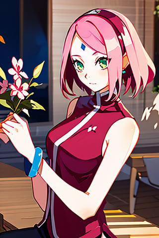 haruno sakura, boruto: naruto next generations, naruto \(series\),1girl, bangs, bare arms, bracelet, closed mouth, desk, facial mark, flower, green eyes, hairband, indoors, jewelry, parted bangs, pink flower, pink hair, red hairband, red shirt, shirt, short hair, sitting, sleeveless, sleeveless shirt, solo, spring (season), upper body, ((masterpiece))