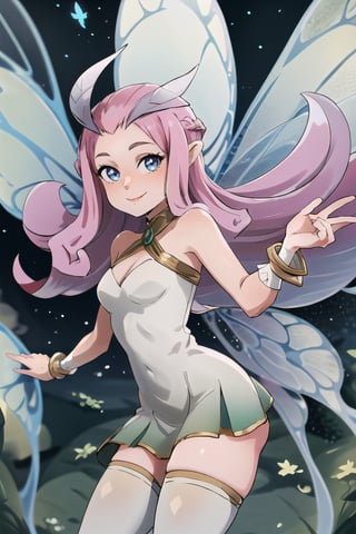 ((masterpiece,best quality)), absurdres,, Tasi_AFK, long pink hair, fairy, fairy wings, dress, thighhighs,   side view, solo, smiling, looking at viewer, cowboy shot, cinematic composition, dynamic pose, contrapposto, 