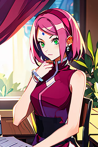 haruno sakura, boruto: naruto next generations, naruto \(series\),1girl, bangs, bare arms, bracelet, closed mouth, desk, facial mark, flower, green eyes, hairband, indoors, jewelry, parted bangs, pink flower, pink hair, red hairband, red shirt, shirt, short hair, sitting, sleeveless, sleeveless shirt, solo, spring (season), upper body, ((masterpiece))