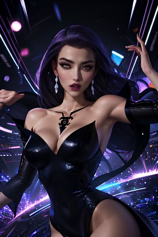 ((masterpiece,best quality)), absurdres,, Tala_DC, detailed face,  black dress,magic swirling lights in background, cinematic composition, dynamic pose,
