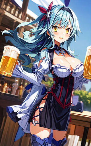 Eula 1girl light_blue_hair hair_ornament yellow_eyes alcohol barmaid beer beer_mug black_dress white_thighhighs sweat blush breasts circle_skirt cleavage collarbone corset cowboy_shot cross cup dirndl dress floating_hair frilled_dress frills german_clothes festive_town hairband holding holding_cup iron_cross jewelry large_breasts short_hair looking_at_viewer mug necklace parted_lips short_dress sidelocks solo standing thighhighs two-tone_dress underbust white_corset white_dress smile open_mouth happy (((outdoors))) sky_blue 