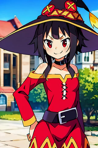 Megu-KJ, 1girl, short_black hair, looking_at_viewer , tiny_breasts, red and yellow dress, black_necklace, smug, tight_hips, front-view, Megumin,High detailed, Megu hat, standing, megu dress