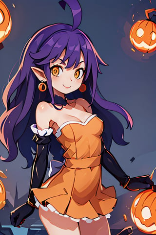 ((masterpiece,best quality)), absurdres,, Stardust_Pumpkins_Citron_OC, 1girl, solo, long purple hair,  orange eyes, ahoge, pointy ears, orange dress, elbow gloves, bare shoulders, maid headdress, jewelry, earrings, solo, smiling, looking at viewer, cowboy shot, cinematic composition,  , contrapposto, 
