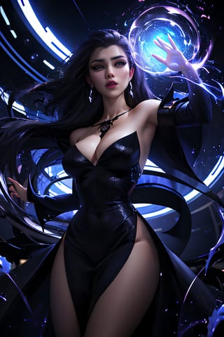 ((masterpiece,best quality)), absurdres,, Tala_DC, detailed face,  black dress,magic swirling lights in background, cinematic composition, dynamic pose,