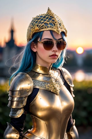 (masterpiece), (extremely intricate:1.3), (realistic), portrait of a girl with blue hair, the most beautiful in the world, (medieval armor), metal reflections, upper body, outdoors, intense sunlight, far away castle, professional photograph of a stunning woman detailed, sharp focus, dramatic, award winning, cinematic lighting, ,  volumetrics dtx, (film grain, blurry background, blurry foreground, bokeh, depth of field, sunset, motion blur:1.3), chainmail, show whole body, golden outfit, with sunglasses, golden helmet,