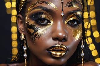 closeup face portrait of a black skinned woman, long eyelashes, nose piercing, dripping liquid gold from face, diamonds gemstone on skin, black gold matted lips, colorful eye shadow, finger on the lips, gold glitter applicartions on face, dark background, ,DonML1quidG0ldXL 