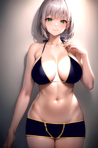 masterpiece, best quality, best aesthetic, anime, ultra detailed, bbnoel, 1girl, (gray hair, short hair:1.2), green eyes, hand_on_chest, cowboy shot, standing, straight-on, front view, looking_at_viewer, (smile, closed_mouth:1.2), (navy blue bikini top:1.2), (navy blue shorts, short shorts, boyshorts:1.3), (yellow trimming:1.3), (large breasts:1.2), (wide hips:1.2), bedroom, gray background