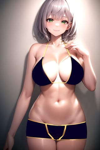 masterpiece, best quality, best aesthetic, anime, ultra detailed, bbnoel, 1girl, (gray hair, short hair:1.2), green eyes, hand_on_chest, cowboy shot, standing, straight-on, front view, looking_at_viewer, (smile, closed_mouth:1.2), (navy blue bikini top:1.2), (navy blue shorts, short shorts, boyshorts:1.3), (yellow trimming:1.3), (large breasts:1.2), (wide hips:1.2), bedroom, gray background