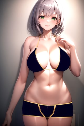 masterpiece, best quality, best aesthetic, anime, ultra detailed, bbnoel, 1girl, (gray hair, short hair:1.2), green eyes, hand_on_chest, cowboy shot, standing, straight-on, front view, looking_at_viewer, (smile, closed_mouth:1.2), (navy blue bikini top:1.2), (navy blue shorts, short shorts, boyshorts:1.3), (yellow trimming:1.3), (large breasts:1.2), (wide hips:1.2), bedroom, gray background