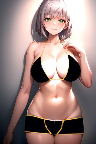 masterpiece, best quality, best aesthetic, anime, ultra detailed, bbnoel, 1girl, (gray hair, short hair:1.2), green eyes, hand_on_chest, cowboy shot, standing, straight-on, front view, looking_at_viewer, (smile, closed_mouth:1.2), (navy blue bikini top:1.2), (navy blue shorts, short shorts, boyshorts:1.3), (yellow trimming:1.3), (large breasts:1.2), (wide hips:1.2), bedroom, gray background