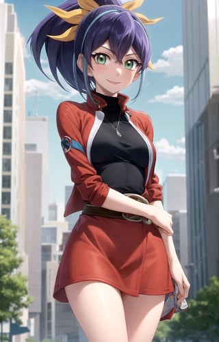 masterpiece, best quality, best aesthetic, anime,
1girl, solo, serena_arc_v, 14-year old girl, (medium breasts:1.2), (wide hips:1.2), (hair bow, yellow ribbon:1.2), (ponytail:1.2), (serena_lancer:1.2), (red jacket, white skirt:1.3), brown belt, (black shirt:1.2), standing, (cowboy_shot:1.2), looking at viewer, (arms at sides:1.2), against_wall, outdoors, (smile, closed mouth:1.2), city