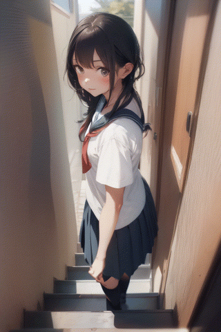 beautiful woman, 1 girl, solo, school_uniform, going up  stairs, from below, from behind