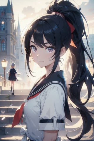 anime style beautiful woman, 1girl, (ponytail), black hair, (long hair), (smile), (beach), (castle hall, city ​​street,（square：1.3）,stairs, ruins, pillar, scenery, Castle ruins in the background,cinematic lighting),  
Slender, skinny, (turime), thick eyebrows, 
(school uniform), (sailor uniform), ((red sailor tie)), (white sailor blouse), 
vibrant colors, sharp focus, best quality, depth of field, cinematic lighting, (illustration, 8k CG, extremely detailed), ultra-detailed, high resolution, firefliesfireflies, perfect light, 
stylish pose, 8k, very clear, highest quality, high resolution. best quality, illustration, sax blue, 1girl, cute, (dynamic lighting:1.2), cinematic lighting, delicate facial features, detailed eyes, sharp pupils, realistic pupils, depth of field, bokeh, sharp focus, (hyper-detailed, bloom, glow:1.4), many small gems,Beautiful Beach,rain,niji,light,no_humans,DonMSn0wM4g1c