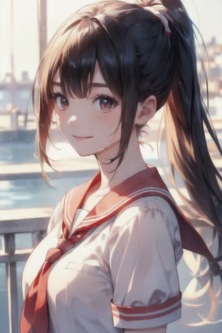 anime style beautiful woman, 1girl, (ponytail), black hair, (long hair), 
(smile), 
Slender, skinny, (turime), thick eyebrows, 
(school uniform), (sailor uniform), ((red sailor tie)), (white sailor blouse), 
beautiful woman, highest quality, high resolution, best quality, highest quality, high resolution, 18-year-old girl, light smile, perfect shiny skin, fair skin, flawless skin, solo, sweat, simple_background, RAW photo, highest quality, High detail RAW color photo professional photo, realistic, photo realism, highest quality, best shadow, best illustration, ultra high resolution, highly detailed CG unified 8K wallpapers, physics-based rendering, depth of field, cinematic lighting, 8k, 16k