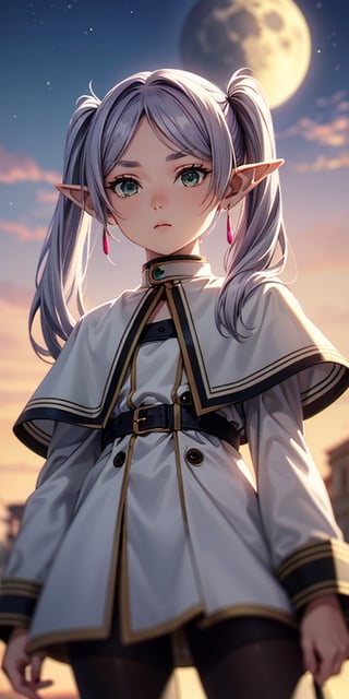 beautiful girl, petite, emotionless, light purple hair, green eyes, side twintails, center parted, no ribbon on head, elf years, long years,  Slender, skinny, Flat Chest, small breasts, (portrait), upper body, cute lovely,  detailed face, detailed body, shirt, long sleeves, jewelry, pantyhose, earrings, striped, black pantyhose, capelet, striped shirt, frieren, highest quality, high resolution.,frieren, ((moon)), night, cinematic, colorful, extremely detailed, from below, in sky, magic wand, standing behind moon