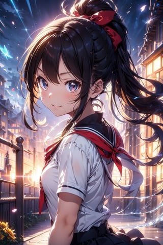 anime style beautiful woman, 1girl, (ponytail), brown hair, (long hair), (smile), arms raised in the air, (acrobatic pose), 
Slender, skinny, (turime), thick eyebrows, 
(school uniform), (red sailor uniform), in park, face, close up, front view, 
vibrant colors, female, masterpiece, sharp focus, best quality, depth of field, cinematic lighting, ((solo, one woman )), (illustration, 8k CG, extremely detailed), ultra-detailed, high resolution, firefliesfireflies,perfect light
The rays of hope in the entire universe converged on the goddess's chest, and a brand new sun was born from the goddess's chest ,(petals | rain), (Bubble | crystal), (Glory|White Cloud),
stylish pose, 8k, very clear, looking at viewer, simple background, solo, highest quality, high resolution. best quality, illustration, sax blue, 1girl, cute, (dynamic lighting:1.2), cinematic lighting, delicate facial features, detailed eyes, sharp pupils, realistic pupils, depth of field, bokeh, sharp focus, (hyper-detailed, bloom, glow:1.4), many small gems,breakdomain