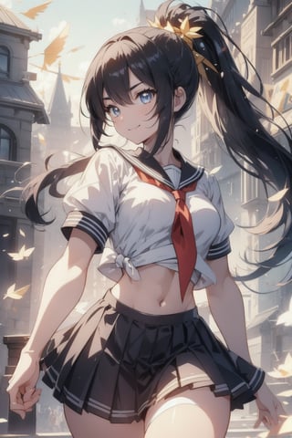 anime style beautiful woman, 1girl, (ponytail), black hair, (long hair), 
(smile), 
Slender, skinny, (turime), thick eyebrows, 
(school uniform), (sailor uniform), ((red sailor tie)), (white sailor blouse), 
((abs)), fighting pose, 
vibrant colors, sharp focus, best quality, depth of field, cinematic lighting, (illustration, 8k CG, extremely detailed), ultra-detailed, high resolution, firefliesfireflies, perfect light, 
stylish pose, 8k, very clear, highest quality, high resolution. best quality, illustration, sax blue, 1girl, cute, (dynamic lighting:1.2), cinematic lighting, delicate facial features, detailed eyes, sharp pupils, realistic pupils, depth of field, bokeh, sharp focus, (hyper-detailed, bloom, glow:1.4), many small gems,glowing gold