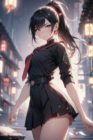 anime style beautiful woman, 1girl, (ponytail), black hair, (long hair), 
Fashion cheongsam, 
Slender, skinny, (turime), thick eyebrows, 
(school uniform), (sailor uniform), ((red sailor tie)), (white sailor blouse), 
vibrant colors, sharp focus, best quality, depth of field, cinematic lighting, (illustration, 8k CG, extremely detailed), ultra-detailed, high resolution, firefliesfireflies, perfect light, 
stylish pose, 8k, very clear, highest quality, high resolution. best quality, illustration, sax blue, 1girl, cute, (dynamic lighting:1.2), cinematic lighting, delicate facial features, detailed eyes, sharp pupils, realistic pupils, depth of field, bokeh, sharp focus, (hyper-detailed, bloom, glow:1.4), many small gems