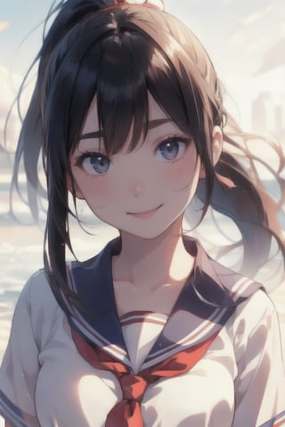 anime style beautiful woman, 1girl, (ponytail), black hair, (long hair), 
(smile), 
Slender, skinny, (turime), thick eyebrows, 
(school uniform), (sailor uniform), ((red sailor tie)), (white sailor blouse), 
beautiful woman, highest quality, high resolution, best quality, highest quality, high resolution, 18-year-old girl, light smile, perfect shiny skin, fair skin, flawless skin, solo, sweat, simple_background, RAW photo, highest quality, High detail RAW color photo professional photo, realistic, photo realism, highest quality, best shadow, best illustration, ultra high resolution, highly detailed CG unified 8K wallpapers, physics-based rendering, depth of field, cinematic lighting, 8k, 16k