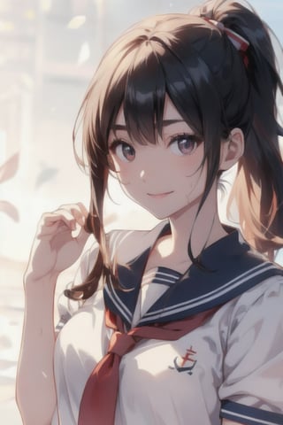 anime style beautiful woman, 1girl, (ponytail), black hair, (long hair), 
(smile), 
Slender, skinny, (turime), thick eyebrows, 
(school uniform), (sailor uniform), ((red sailor tie)), (white sailor blouse), 
beautiful woman, highest quality, high resolution, best quality, highest quality, high resolution, 18-year-old girl, light smile, perfect shiny skin, fair skin, flawless skin, solo, sweat, simple_background, RAW photo, highest quality, High detail RAW color photo professional photo, realistic, photo realism, highest quality, best shadow, best illustration, ultra high resolution, highly detailed CG unified 8K wallpapers, physics-based rendering, depth of field, cinematic lighting, 8k, 16k