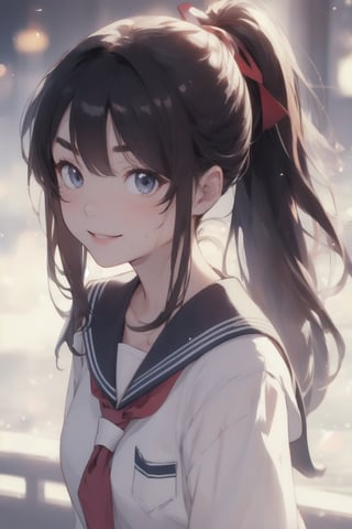 anime style beautiful woman, 1girl, (ponytail), black hair, (long hair), 
(smile), (full body), 
Slender, skinny, (turime), thick eyebrows, 
(school uniform), (sailor uniform), ((red sailor tie)), (white sailor blouse), 
beautiful woman, highest quality, high resolution, best quality, highest quality, high resolution, 18-year-old girl, light smile, perfect shiny skin, fair skin, flawless skin, solo, sweat, simple_background, RAW photo, highest quality, High detail RAW color photo professional photo, realistic, photo realism, highest quality, best shadow, best illustration, ultra high resolution, highly detailed CG unified 8K wallpapers, physics-based rendering, depth of field, cinematic lighting, 8k, 16k