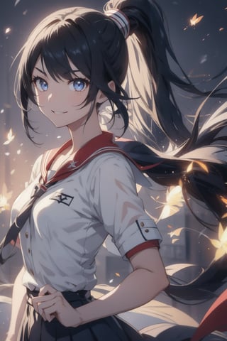 anime style beautiful woman, 1girl, (ponytail), black hair, (long hair), (smile),
Slender, skinny, (turime), thick eyebrows, 
(school uniform), (sailor uniform), ((red sailor tie)), (white sailor blouse), 
vibrant colors, sharp focus, best quality, depth of field, cinematic lighting, (illustration, 8k CG, extremely detailed), ultra-detailed, high resolution, firefliesfireflies, perfect light, 
stylish pose, 8k, very clear, highest quality, high resolution. best quality, illustration, sax blue, 1girl, cute, (dynamic lighting:1.2), cinematic lighting, delicate facial features, detailed eyes, sharp pupils, realistic pupils, depth of field, bokeh, sharp focus, (hyper-detailed, bloom, glow:1.4), many small gems